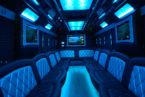Party bus interior with leather seating