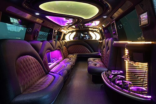 Limousine interior with colorful lighting